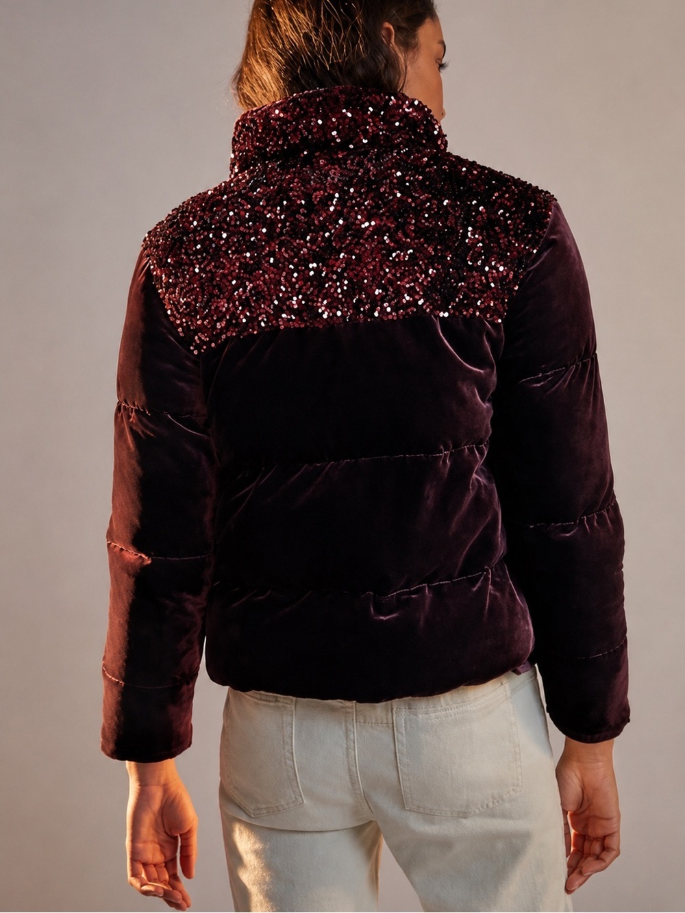 Anthropologie Vera Sequined Velvet Puffer Jacket Wine Womens Coat Small
